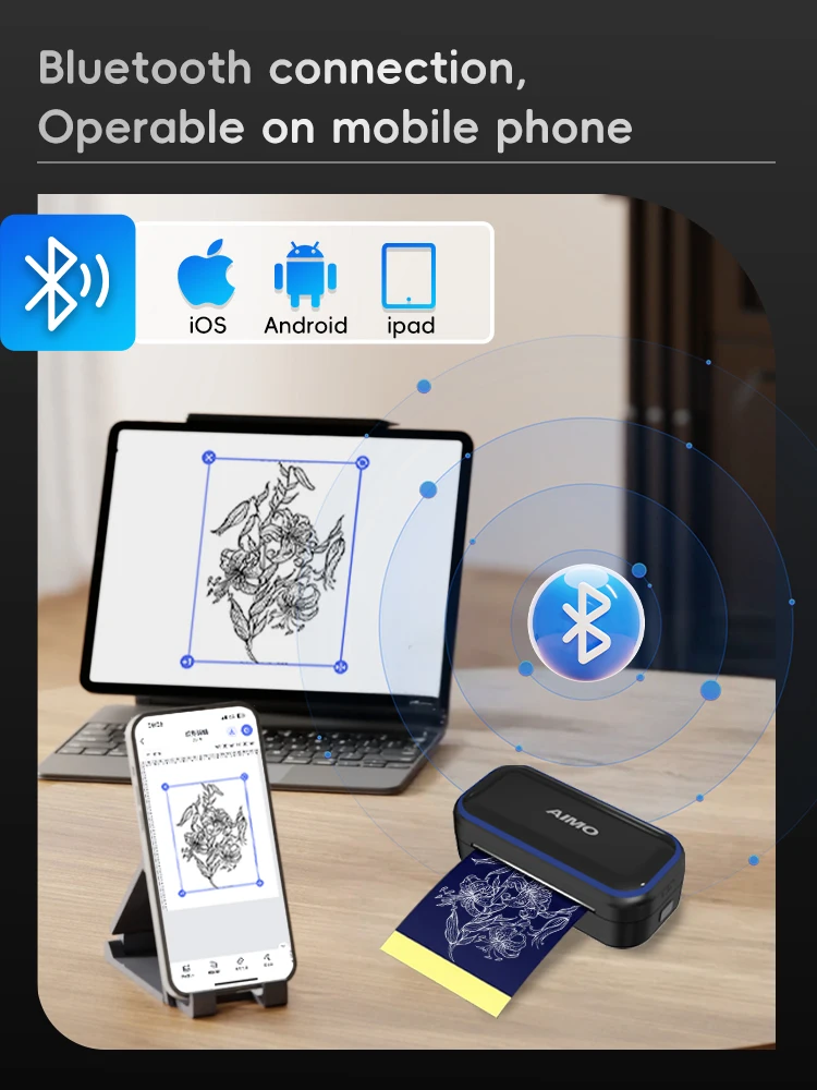 Imprimante de pochoirs de tatouage AIMO MR3 Mini imprimante de tatouage thermique sans fil avec 30 pièces papier de transfert de tatouage artiste de tatouage – Image 6