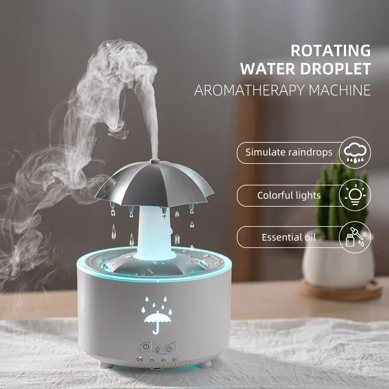 Humidificateur de pluie en nuage, diffuseur d'huile essentielle et d'arôme de gouttes de pluie, veilleuse avec télécommande, fontaine de bureau, son de goutte d'eau pour la maison – Image 2