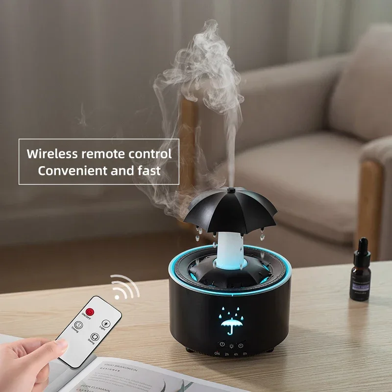 Humidificateur de pluie en nuage, diffuseur d'huile essentielle et d'arôme de gouttes de pluie, veilleuse avec télécommande, fontaine de bureau, son de goutte d'eau pour la maison – Image 4