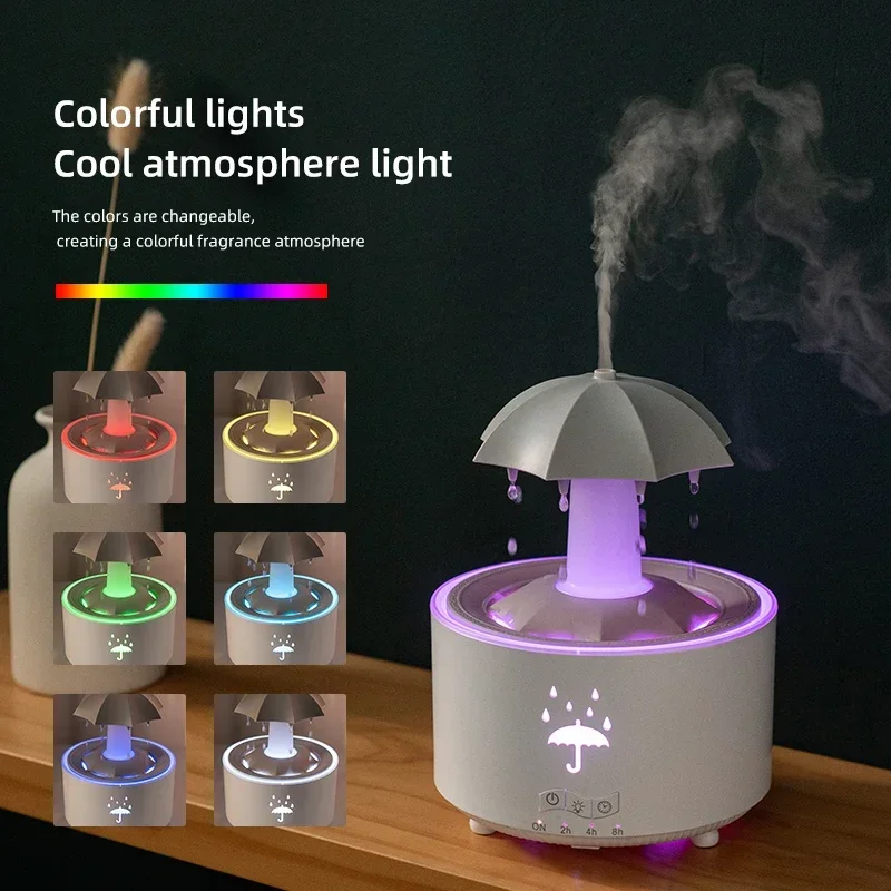Humidificateur de pluie en nuage, diffuseur d'huile essentielle et d'arôme de gouttes de pluie, veilleuse avec télécommande, fontaine de bureau, son de goutte d'eau pour la maison – Image 3