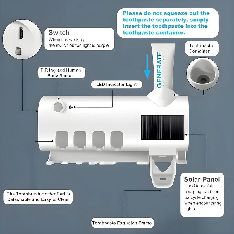 Stérilisateur de brosse à dents à lumière UV intelligente, nettoyant familial, distributeur de dentifrice amélioré, support mural – Image 6